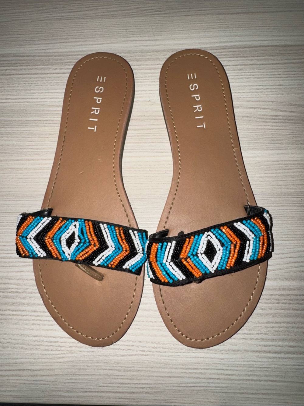 Esprit Tan Slide Sandals with Black, Orange, Blue & White seed Beaded Straps 7.5